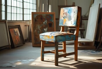 A vibrant wooden chair sits alone in a well-lit artist studio, surrounded by partially finished artwork and scattered tools. Sunlight streams through large windows, illuminating the colors.