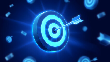 Fototapeta premium Achieving Goals A 3D Render of a Bullseye Target with an Arrow Hitting the Center, Illuminated with Neon Blue Light Against a Dark Background, Representing Precision, Accuracy, and Strategic Focus