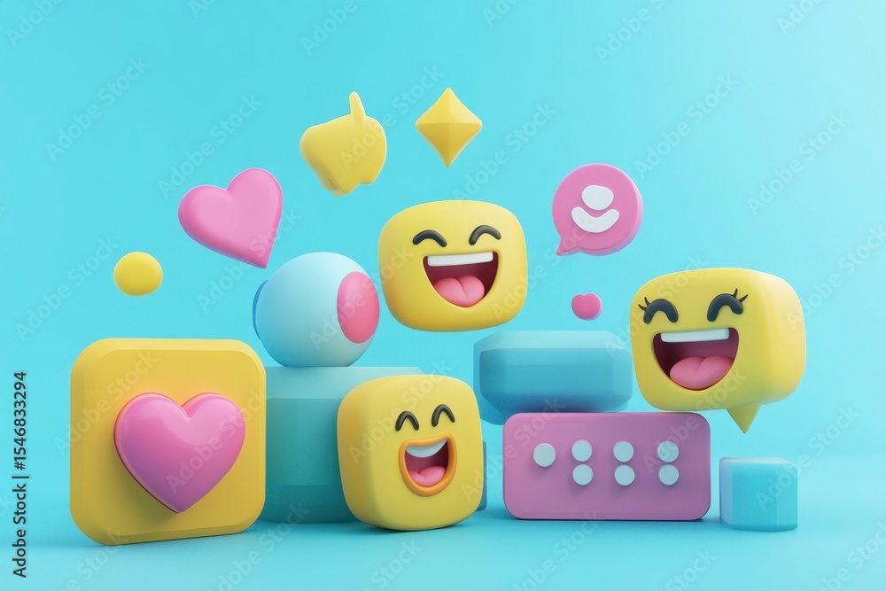 Poster engaging social network concept with playful emojis representing communication and connectivity, soc