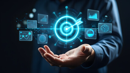 Futuristic Target and Data Visualization in Hand, Representing Strategic Business Goals and Technological Innovation in Data Analysis and Achievement, Showcasing Modern Solutions
