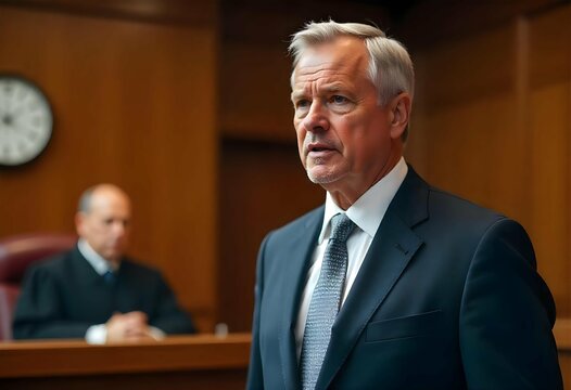 Realistic photo of a male defense attorney standing in court, speaking with serious expression, judge and courtroom setting in the background, formal tone and soft lighting