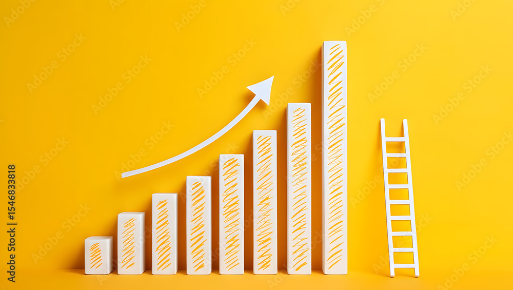 Poster climbing the ladder of success a bar graph with an ascending arrow and a ladder symbolizing growth, 