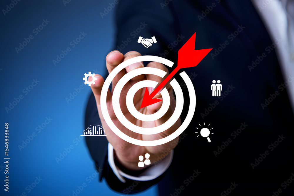 Poster hand touching a target with arrow a conceptual image of achieving goals and success in business with