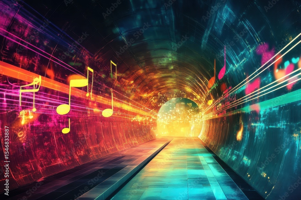 Poster vibrant neon tunnel with abstract music elements creating an immersive audio-visual experience, abst