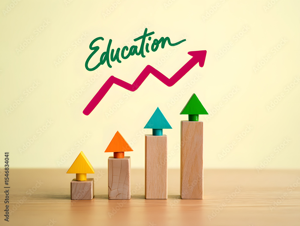 Poster a symbolic representation of educational growth with wooden blocks and arrows pointing upward, signi
