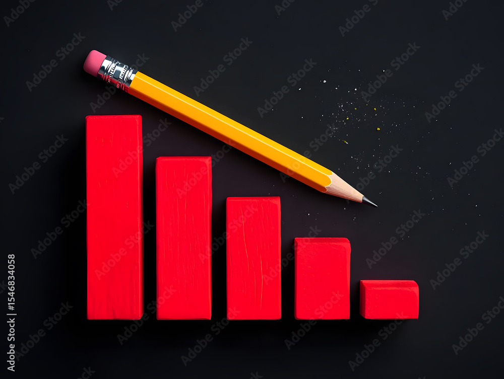 Poster a stark visual representation of decline with a bar graph depicting decreasing red columns and a yel