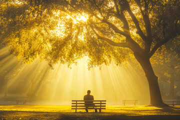 Man sitting on a bench in golden morning sunlight under trees. Ideal for wellness, spiritual growth, meditation, or inspirational content.