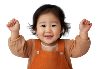 Adorable Asian toddler girl with hands up and smiling, isolated on white or transparent background