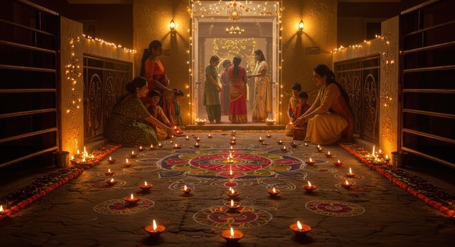 Illuminating Diwali A Festive Gathering with Rangoli and Diyas