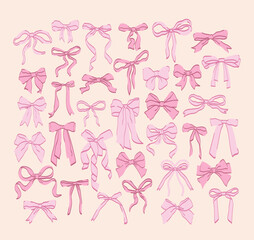 Cute coquette ribbon bow collection. Hand drawn ribbon decoration. Coquette aesthetic.