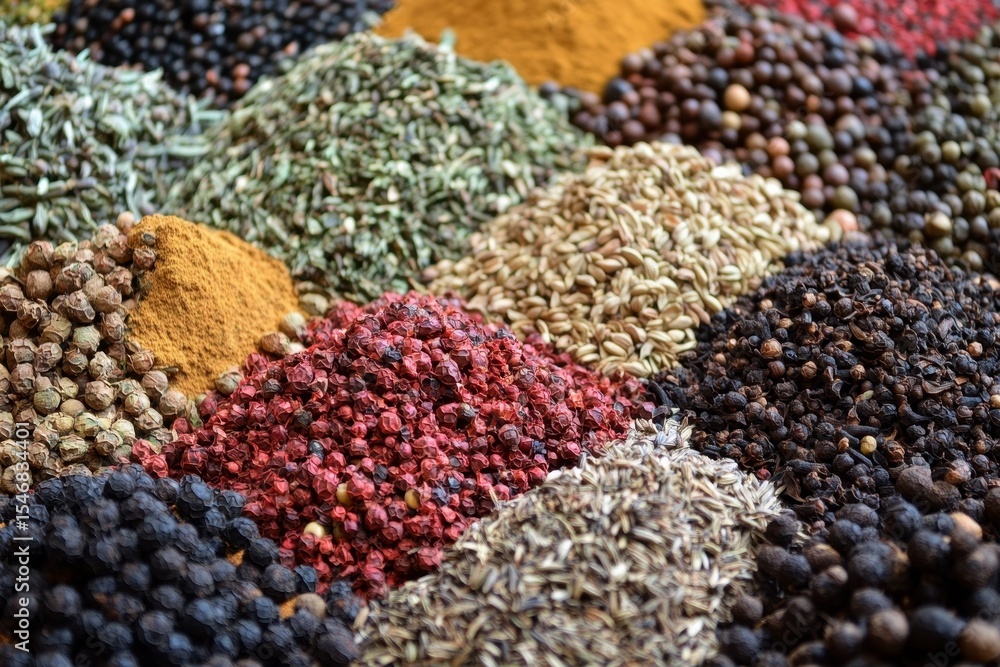 Poster colorful array of spices and herbs arranged neatly on a rustic wooden table, variety of spices and h