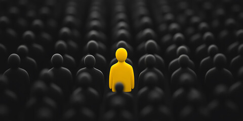 Obraz premium Stand Out: A yellow figure emerges from a crowd of gray, representing individuality, uniqueness, and leadership in a sea of conformity.