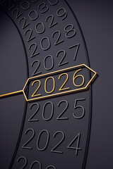 Close-up of mechanical dial, 2026 number in gold, arrow pointer, metallic rim on dark gray background. Change years concept. 3D illustration, render.