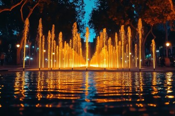 Night time lapse captures a vibrant fountain display in Barcelona illuminated by warm lights, Night timelapse of a fountain in Barcelona