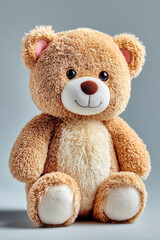 Obraz premium A soft brown teddy bear sitting upright on a pure white background, isolated 