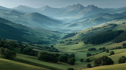 Fototapeta premium Misty Mountain Valley: Serene landscape photo of a vast valley, rolling hills, and majestic mountains shrouded in a soft morning mist.