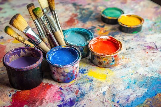 Colorful array of open paint containers with brushes on a vibrant and messy workspace, Open paint containers with brushes on colorful, messy artists palette