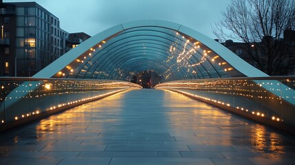 Obraz premium Modern Illuminated Pedestrian Bridge with Curved Glass Roof in Urban Night Scene