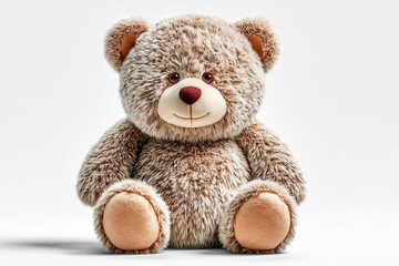 Obraz premium A soft brown teddy bear sitting upright on a pure white background, isolated 