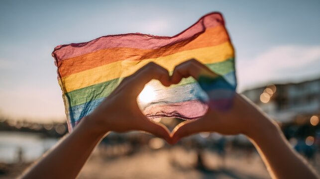 Hands Making Heart Shape with Pride Flag and Sunset