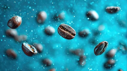 Coffee beans floating in water on blue background
