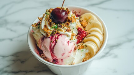 Colorful banana split ice cream dessert