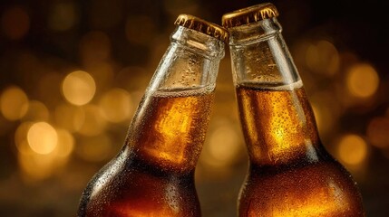 Two beer bottles clinking in celebration