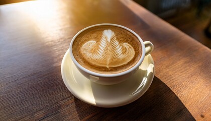 a hot cup of coffee with a pretty rosetta latte art on a wooden table the warm sunlight shines on it making the place feel calm and cozy like a nice cafe