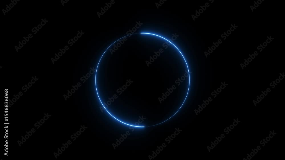 Poster blue neon light trail circle on black background. endless circular pattern.glitter magic spell effec