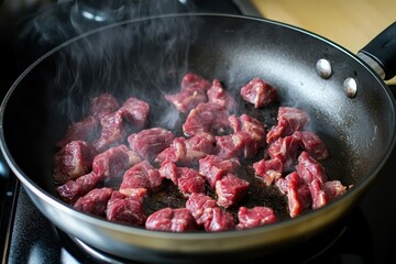 Cooking diced meat in a skillet on a stovetop with steam rising, Burning meat in a pan