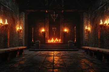 Medieval chamber with flickering torches and stone walls featuring a central fire, Medieval Chamber with Torches seamless ing background