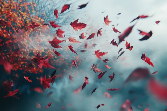 Vibrant red maple leaves dance in the autumn breeze amidst a tranquil backdrop, In autumn, the red maple leaves on the branches swaying in the wind