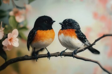 Fototapeta premium Two colorful stuffed birds perched on a branch with a softly blurred floral background, Two stuffed birds on branch with blurred background