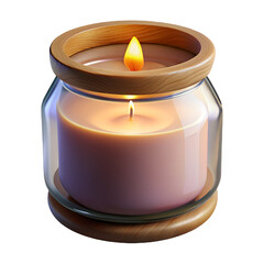 Aromatic scented candle in glass jar with wooden lid and cozy soft light