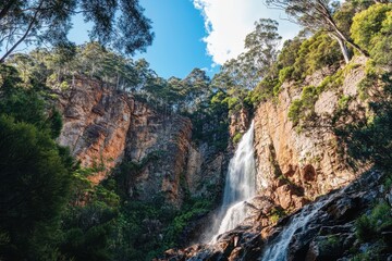 Obraz premium Discover the beauty of Montezuma Falls in Tasmania's lush wilderness and cascading waters, Montezuma falls in Tasmania Australia Cascade of water flow over mountain cliff