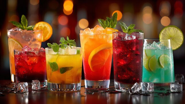 Refreshing summer cocktails drinks ice garnished with mint and citrus fruits in bar setting