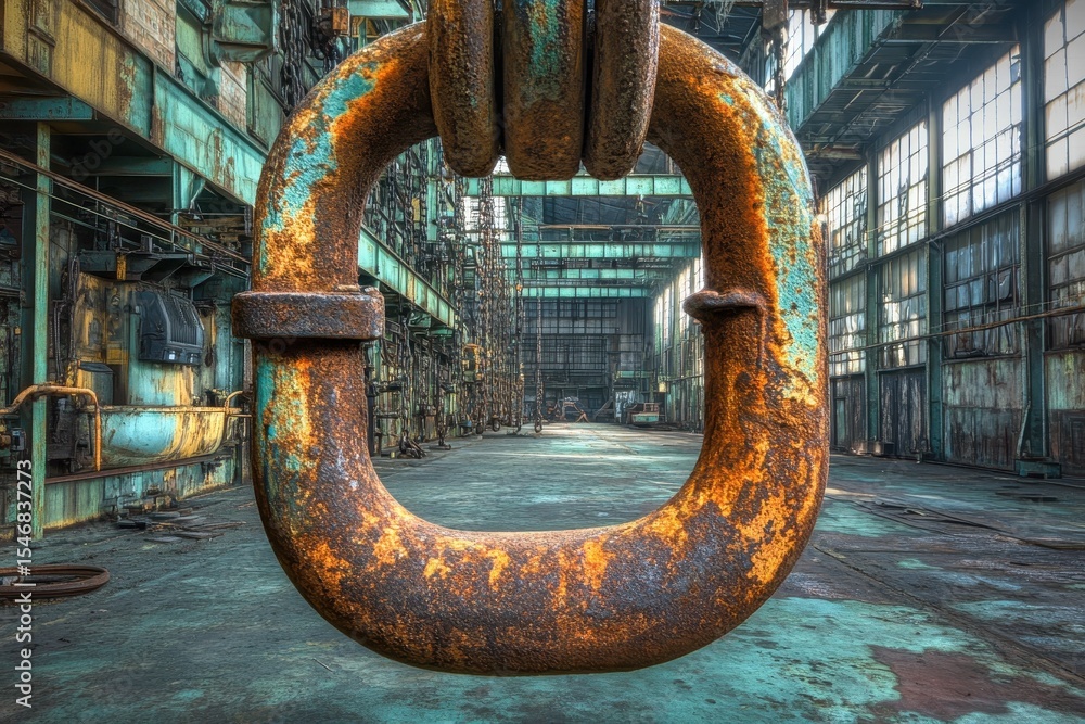 Poster hook and rusty chains of a crane in an aging factory interior with industrial atmosphere, the hook a