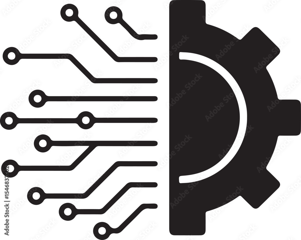 Poster half tech circuit board and half gear silhouette representing technological progress innovation and 