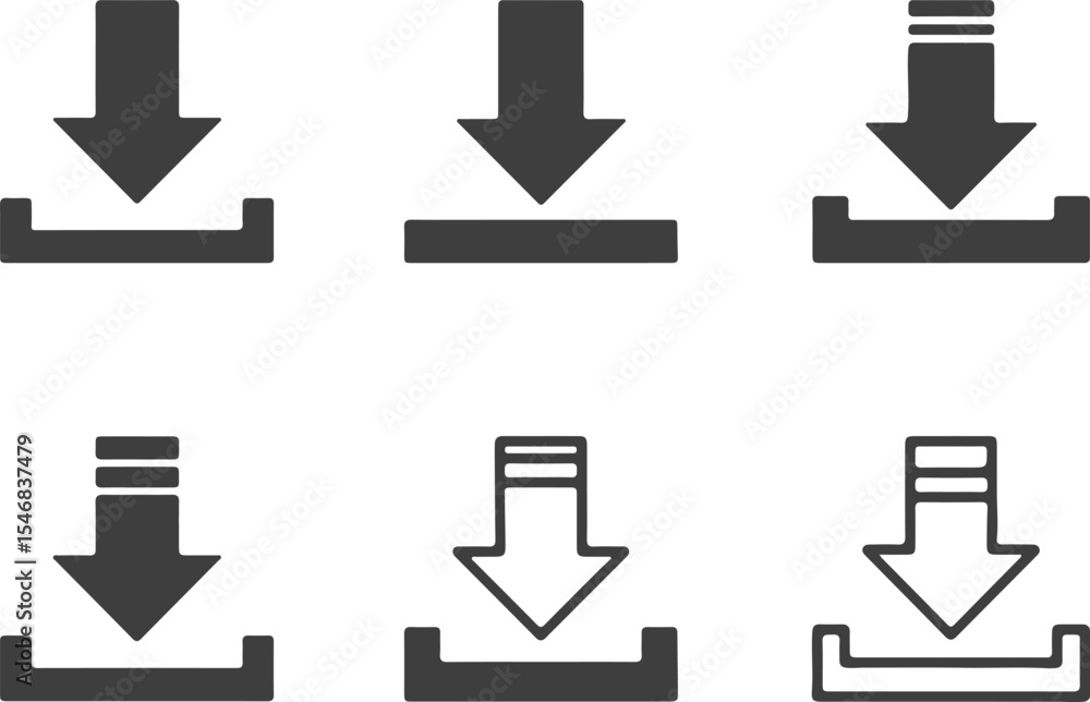 Poster variations of download icons featuring arrows and boxes symbolic of retrieving data and information 