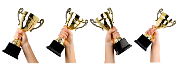 Four Hands Holding Golden Trophy Cups with Black Bases Isolated on White Backgrounds isolated on a transparent background