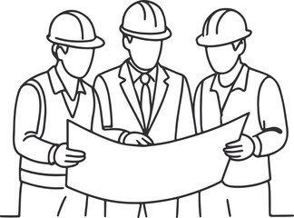 Three Construction Workers Examining Blueprint Plans A Detailed Black and White Line Drawing of Architectural Engineering and Building Design