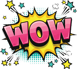 Pop Art Explosion with the Word WOW in Pink and Yellow Comic Book Style with Stars and Teal Accents