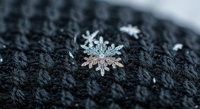 Intricate Snowflake Macro Photography Delicate Winter Crystal on Dark Knit Fabric