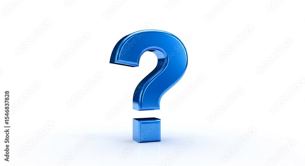 Poster blue metallic question mark 3d render on white background, symbolizing inquiry, uncertainty, or faq 