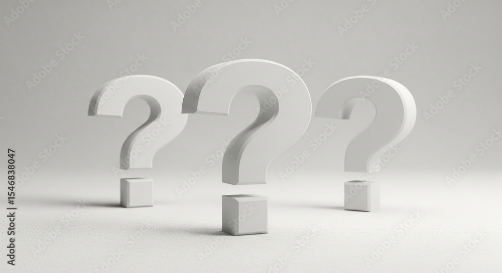Poster three white question marks stand on cubes against a white background, symbolizing inquiry, uncertain
