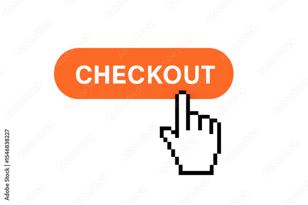 Poster pixelated hand pointer pressing vivid orange checkout button, transparent background highlighting di