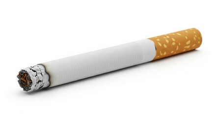 Close-up of a partially smoked cigarette, showing ash and tobacco, illustrating the effects of smoking