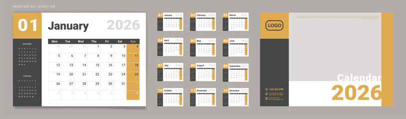 Obraz premium 2026 Calendar Planner Set of Template Monthly Page and cover with Place for Photo, Company Logo. Vector layout of a wall or desk calendar with week start Monday for print. Page for size A4 -21x29.7cm