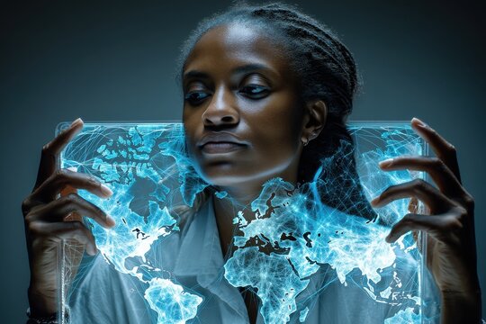 Black businesswoman holding illuminated world map screen in a technological setting