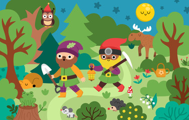 Vector horizontal scene with dwarfs going through night forest with shovel and lantern. Cute gnome country landscape. Woodland, fantasy forest background with tree, owl, sleeping animals